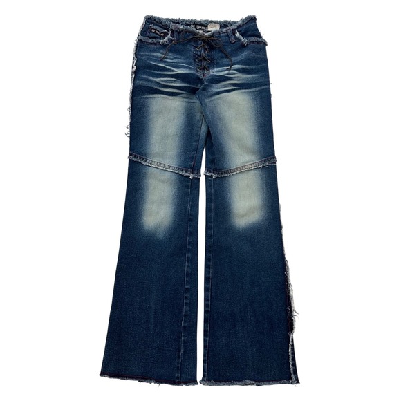 TAG RAG CULTURE Denim - TAG RAG CULTURE Women's Blue Wash Jeans Lace Up Front Distressed Raw Hem 26x29